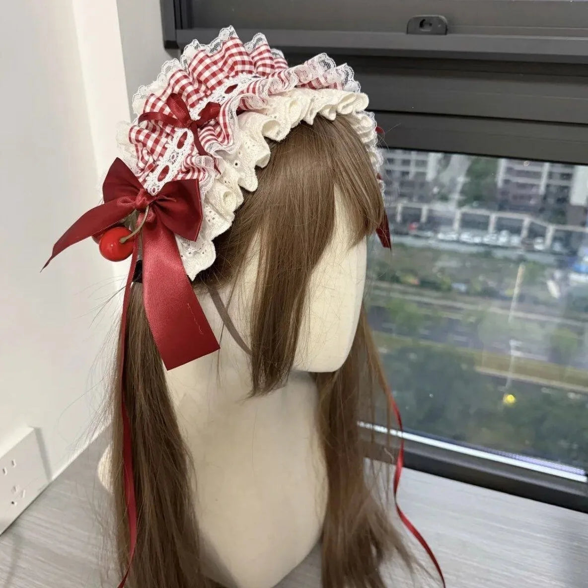 Lolita Cherry Headband Red Plaid Lace Ruffle Bow Hairband Lolita Hair Accessory SWANS cherry