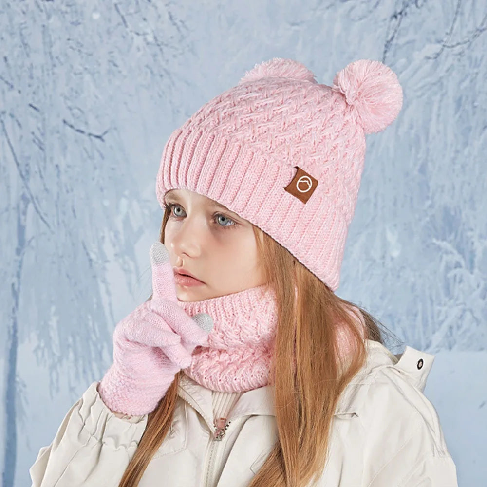 Kids Winter Knit Beanie Hat, Gloves & Scarf Set with Pom Fleece Kids Winter Accessory Set SWANS Pink