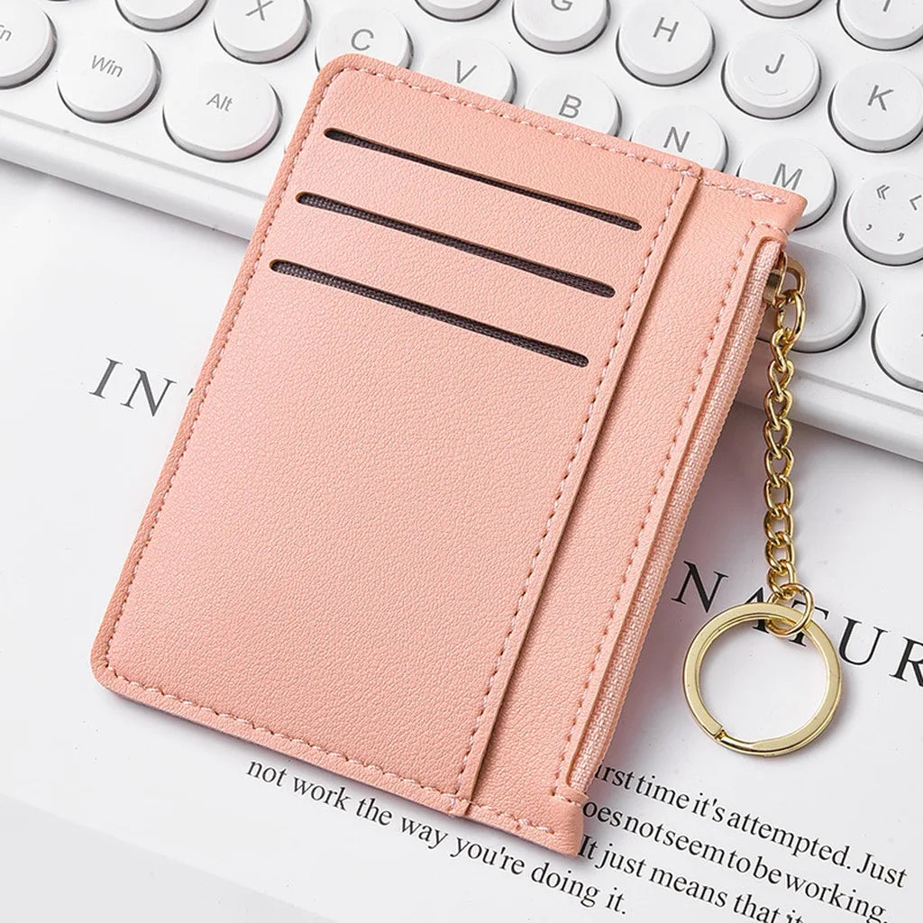 Zippered Card Wallet – Slim PU ID & Card Holder with Keyring Card Wallet Holder SWANS Coral Pink
