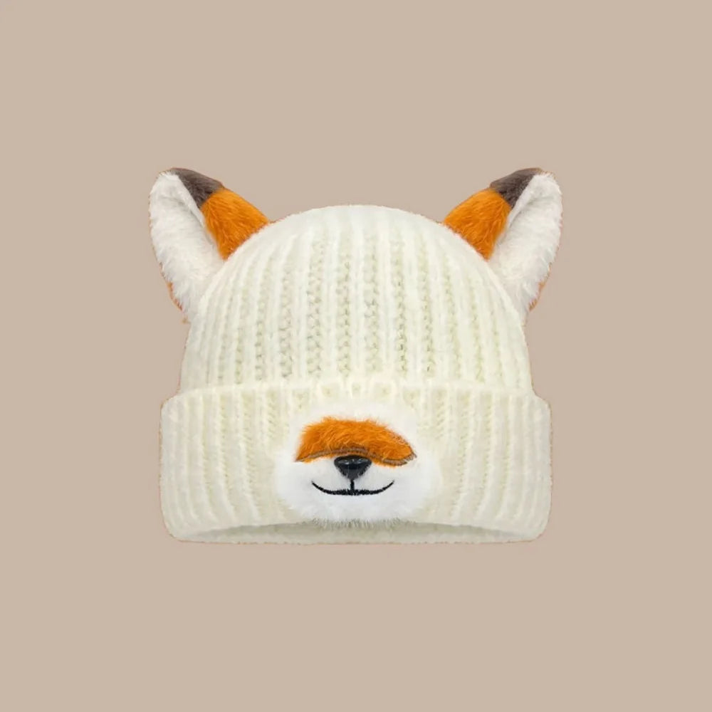 Y2K Fox Ears Beanie – Warm Thickened Knit Winter Hat Unisex Knit Beanie Hat SWANS White