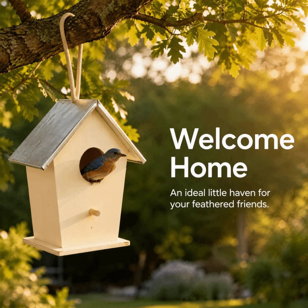 Wooden Hanging Birdhouse – Galvanized Iron Roof & Perch Peg Hanging Birdhouse SWANS