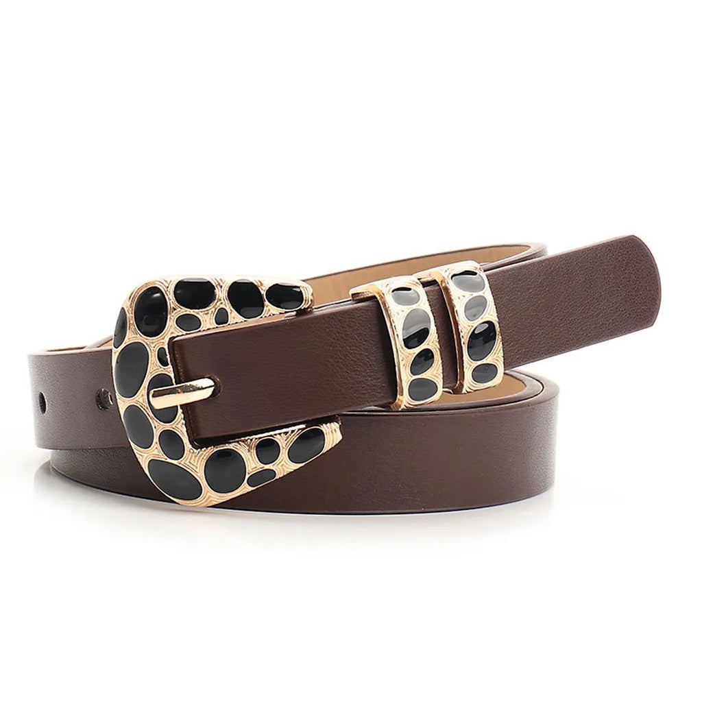 Women's Skinny PU Leather Belt – Leopard Print & Solid Skinny Leather Belt SWANS Dark Brown 105CM
