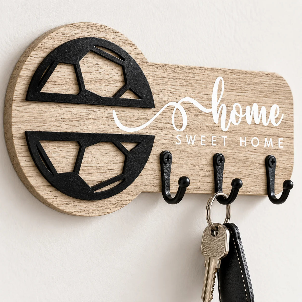 SWANS Wooden Key Holder Wall Rack – 3 Hooks Key-Shaped Decor Wall Key Rack SWANS