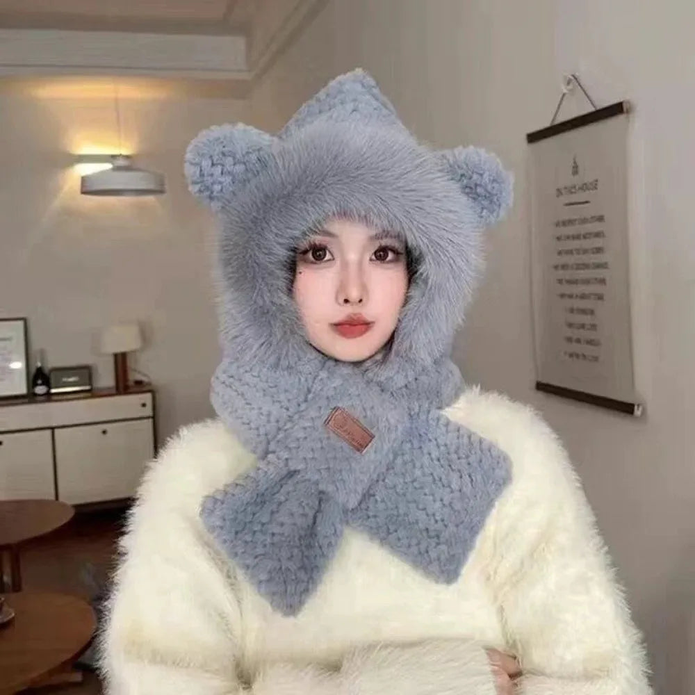 Women's Winter Windproof Hooded Cap & Scarf Set – Warm Soft Winter Hat Scarf Set SWANS Grey