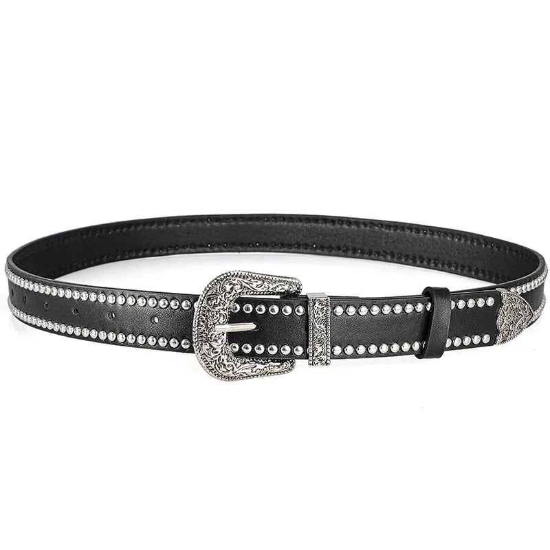 Punk Rivet PU Leather Belt – Vintage Carved Buckle Y2K Unisex PU Leather Belt SWANS