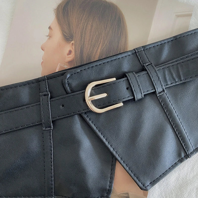 Women's Wide Elastic Corset Belt – PU Leather Waist Cincher Wide Corset Belt SWANS