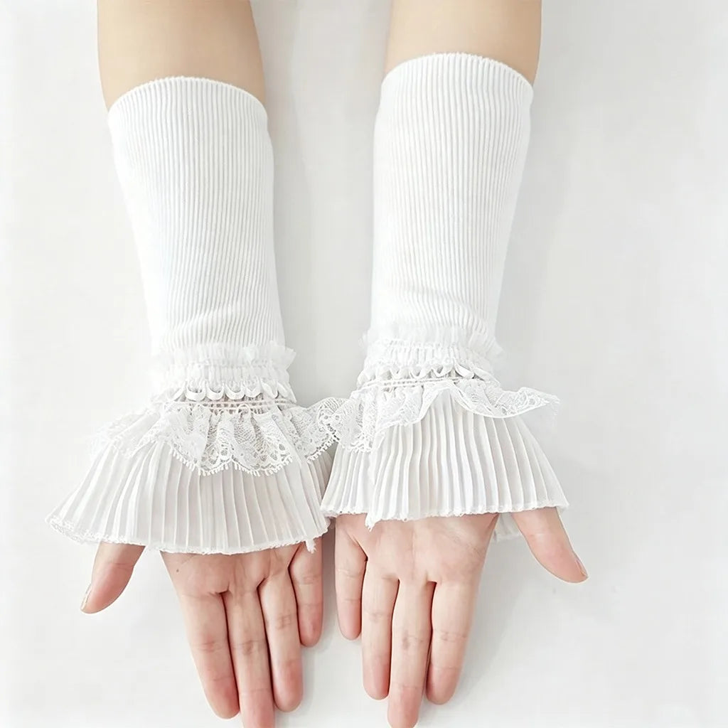 Lace Trim Fingerless Arm Warmers – Knit Ruffle Cuff Sleeves Fingerless Arm Warmers SWANS