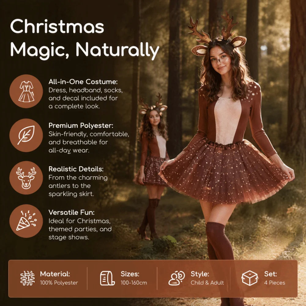 Reindeer Deer Cosplay Kit – Antler Headband, Tutu Skirt Set Holiday Costume Set SWANS