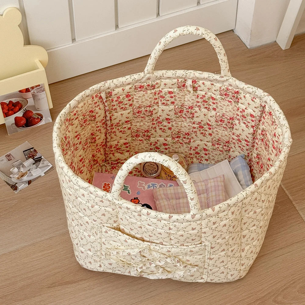 Vintage Floral Quilted Foldable Storage Basket with Handle Fabric Storage Basket SWANS