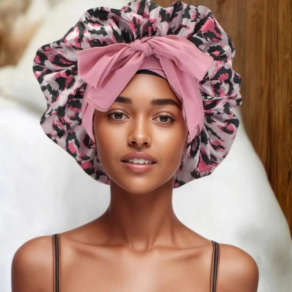 Satin Sleep Bonnet Leopard Print Bow Hair Cap – 5 Colors Satin Sleep Bonnet SWANS Pink