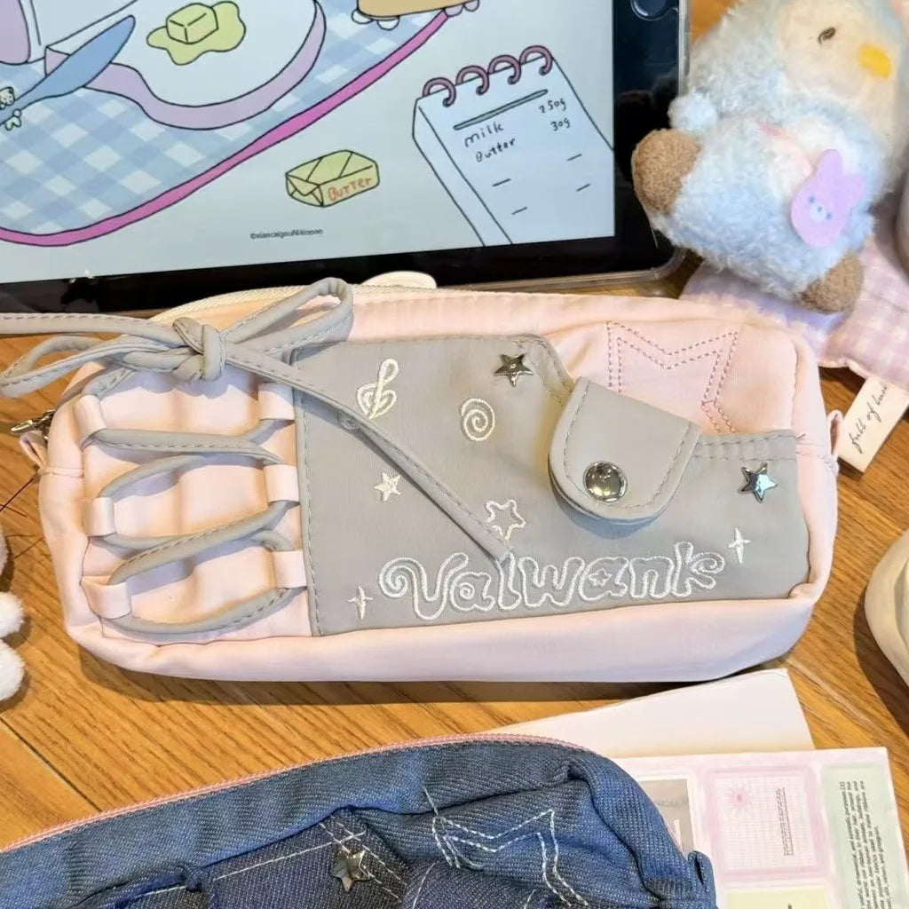Y2K Ita Pencil Bag – Large Canvas Star Embroidery Pouch Ita Pencil Bag SWANS Pink Grey