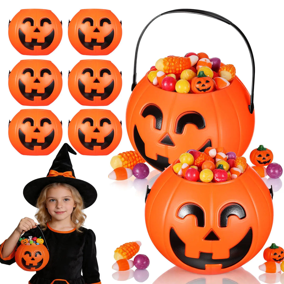 8-Pack Halloween Pumpkin Candy Buckets with Handle | Trick or Treat Halloween Candy Bucket SWANS Default Title