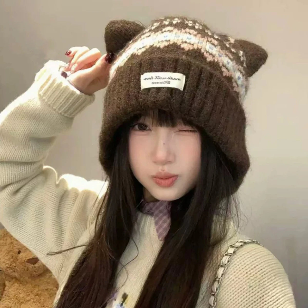 Cat Ear Beanie Women – Warm Windproof Knit Winter Hat Knit Winter Beanie SWANS Astyle coffee One Size