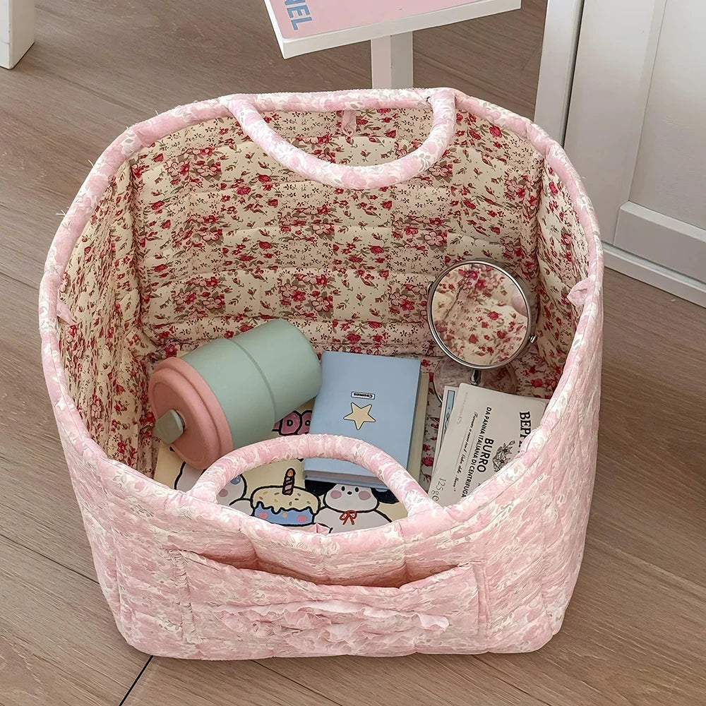 Vintage Floral Quilted Foldable Storage Basket with Handle Fabric Storage Basket SWANS 2
