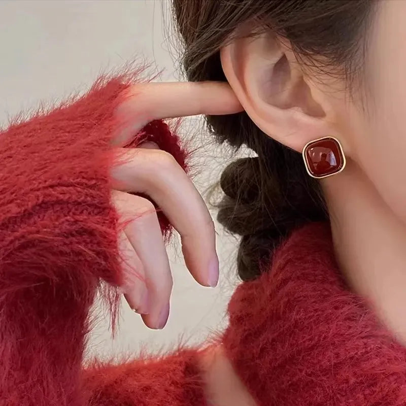 Vintage Wine Red Enamel Geometric Square Stud Earrings Stud Earrings SWANS