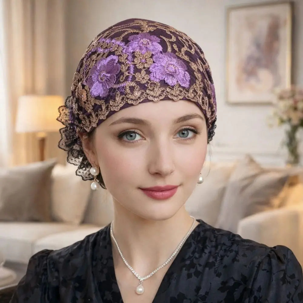Flower Embroidery Turban Bonnet Hat – Breathable Full Coverage Turban Bonnet Hat SWANS