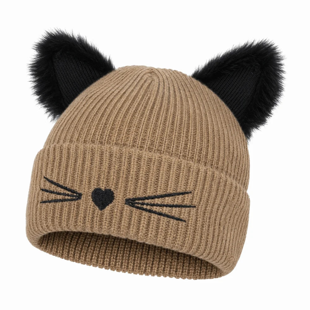 3D Cat Ear Knit Beanie Hat – Faux Fur Unisex Winter Skull Cap Knit Beanie Hat SWANS Khaki