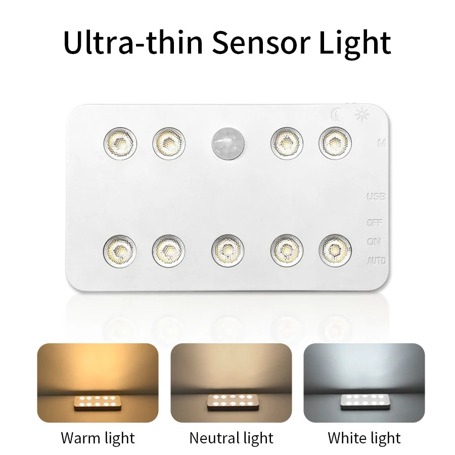 3-Color Motion Sensor LED Night Light – Rechargeable Wall Lamp Motion Sensor Night Light SWANS White Shell