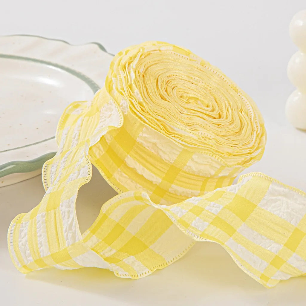 Ruffled Gingham Check Ribbon – 4cm x 10 Yards for DIY Crafts Craft Ribbon SWANS Yellow White