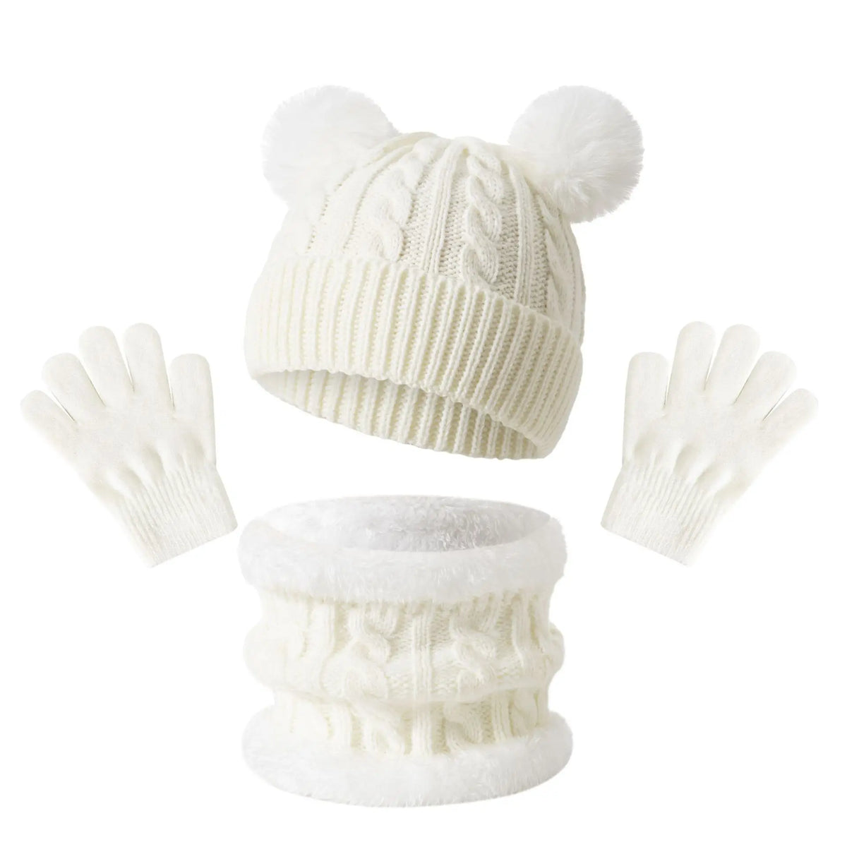 Kids Winter Knit Hat Scarf & Gloves 3-Piece Set Ages 5–12 Kids Winter Accessories SWANS White