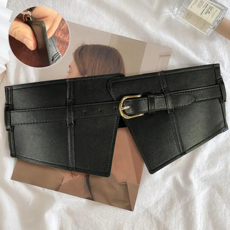 Women's Wide Elastic Corset Belt – PU Leather Waist Cincher Wide Corset Belt SWANS brown Elastic