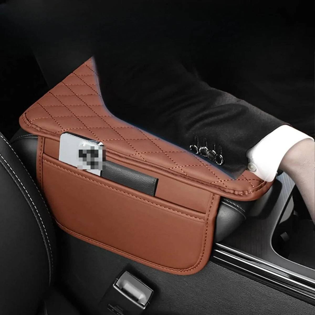 PU Leather Car Armrest Console Cover with 2 Storage Pockets Car Armrest Cover SWANS fsxsn-1pc brown