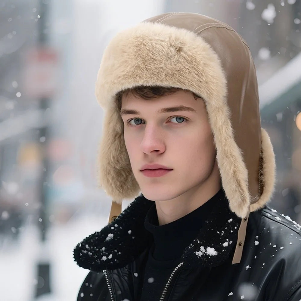 PU Lei Feng Bomber Hat – Waterproof Windproof Winter Cap Winter Bomber Hat SWANS