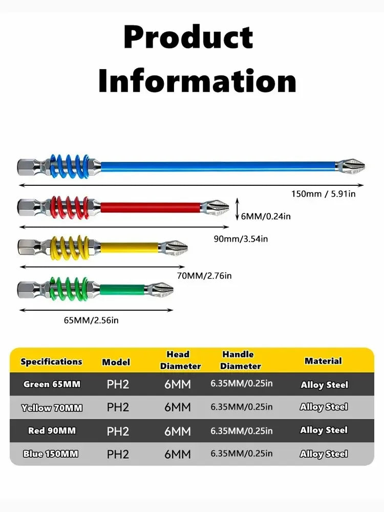 Magnetic PH2 Spring Screwdriver Bits 60/90/110mm 1/4" Hex Shank Screwdriver Bits SWANS