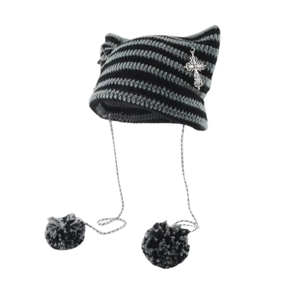 Y2K Knitted Beanie Hat – Pointed Ears Striped Star Devil Knitted Beanie Hat SWANS black-grey1