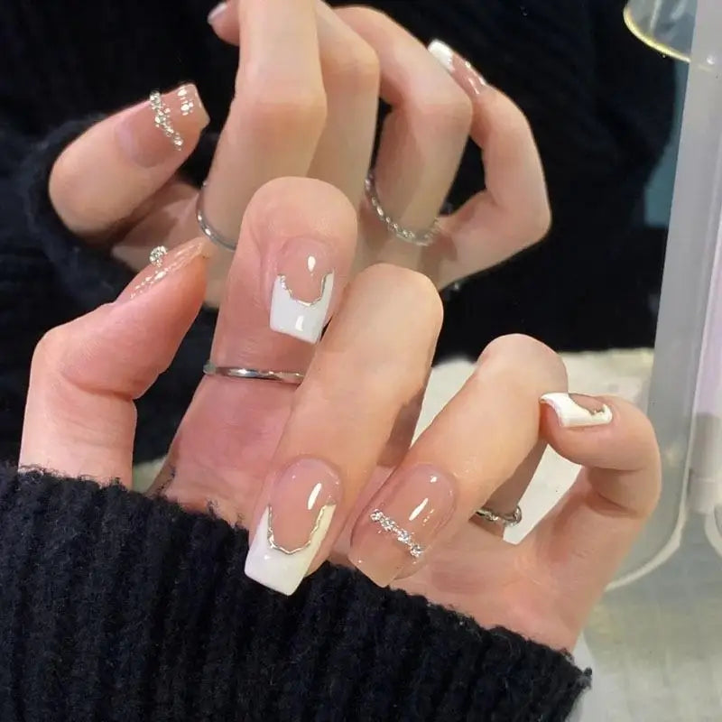 Press-On French Tip Acrylic Nails – 24pc Short Fake Nail Set Press-On Nail Set SWANS