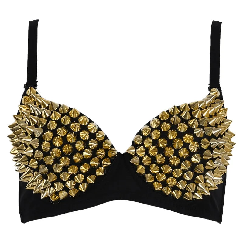 Women's Rhinestone Sequined Plunge Bralette – Silver Fashion Top Sequined Bralette Top SWANS One Size Gold XXL