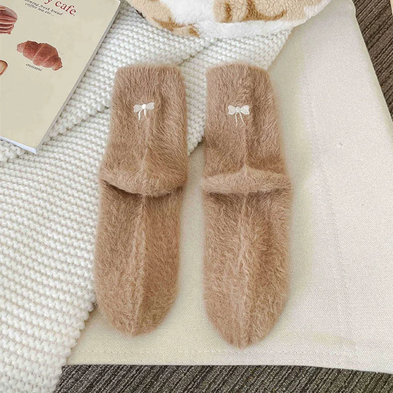 Women's Plush Bow Thermal Socks – Cozy Winter Floor Socks Plush Thermal Socks SWANS coffee one size