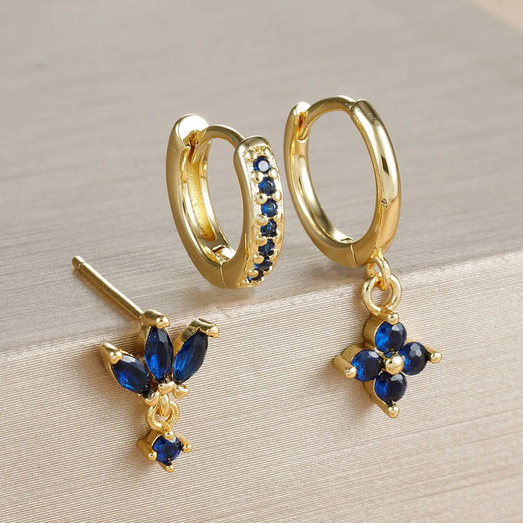 S925 Geometric Drop Earrings Set – Gold & Silver Plated CZ Drop Earrings Set SWANS Gold Dark Blue