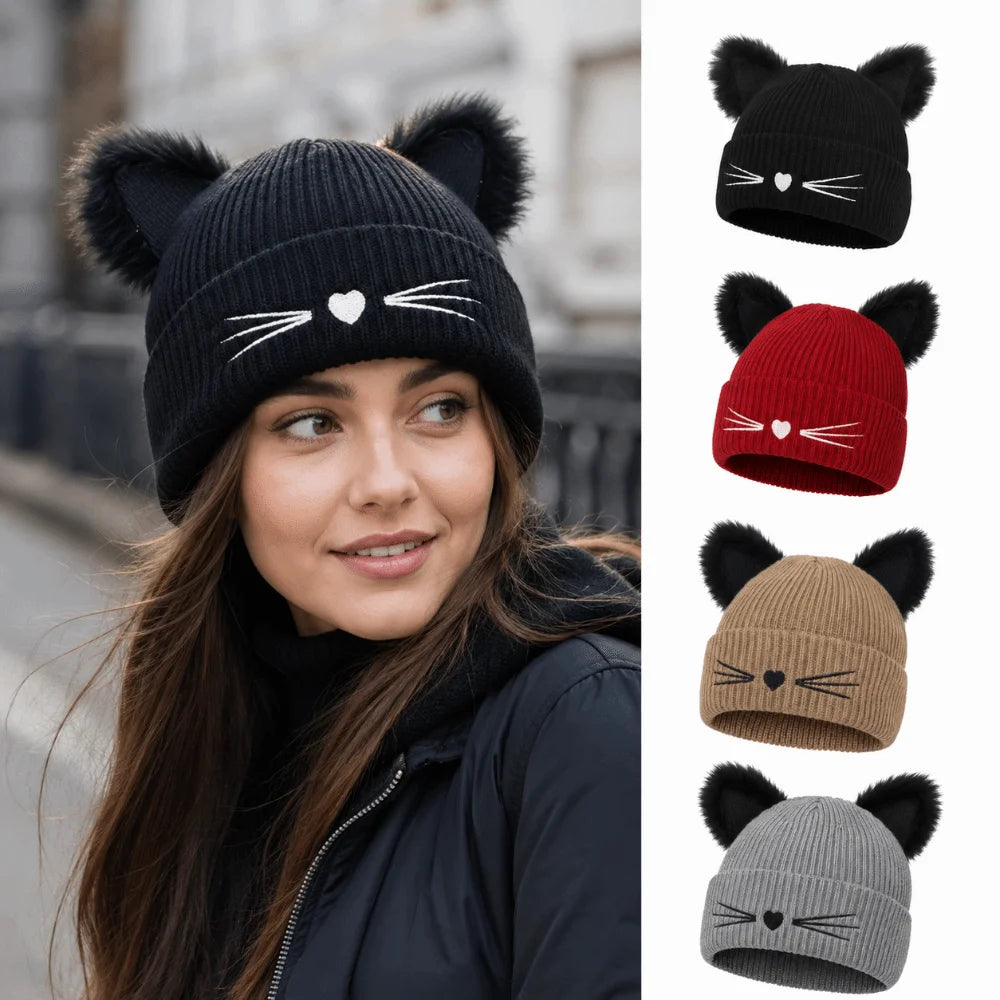 3D Cat Ear Knit Beanie Hat – Faux Fur Unisex Winter Skull Cap Knit Beanie Hat SWANS