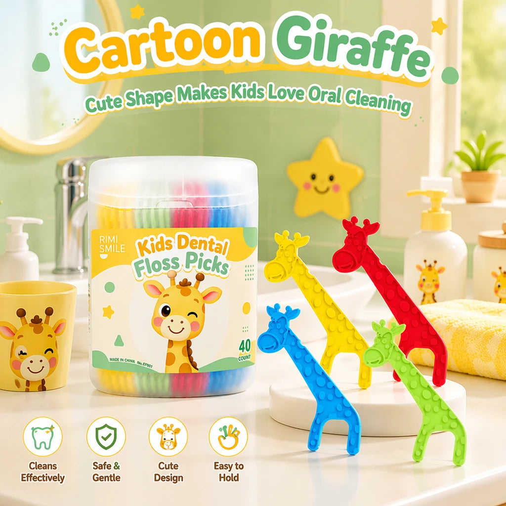 Kids Giraffe Dental Floss Picks 40-Count – Fun Disposable Flossers Kids Dental Flossers SWANS
