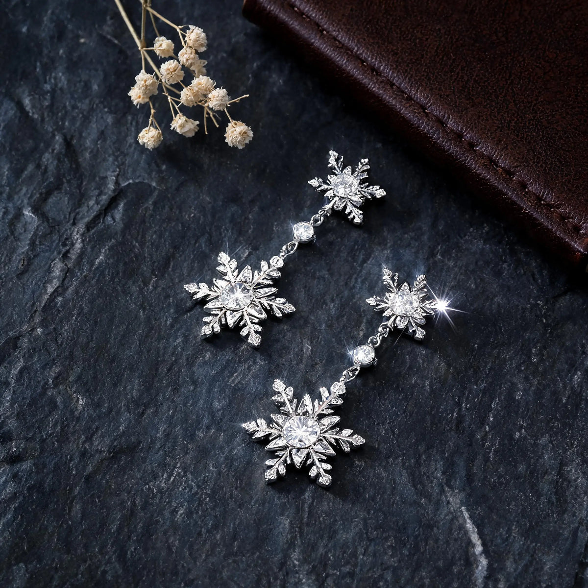 Double Snowflake Dangle Earrings – Hypoallergenic CZ Drop Dangle Earrings SWANS