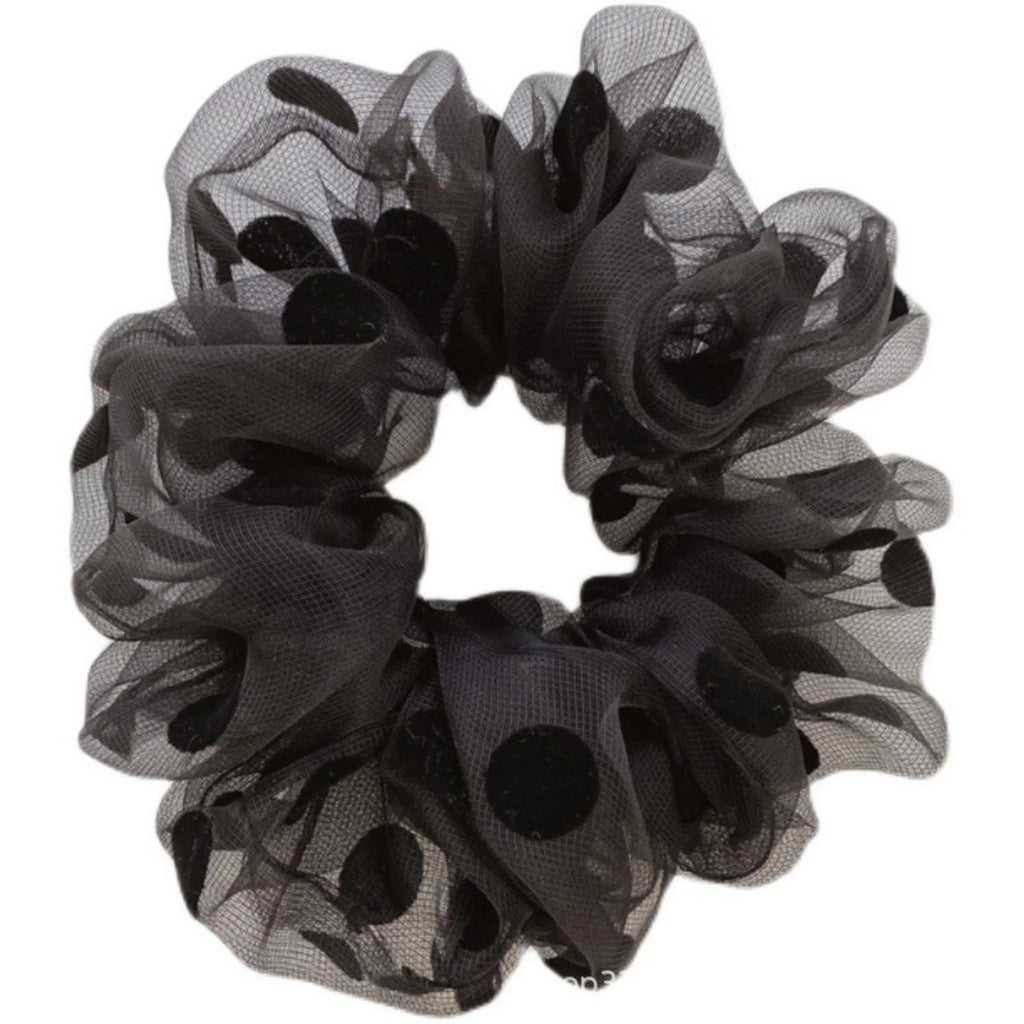 Polka Dot Organza Hair Scrunchie – Black & Beige Hair Tie Hair Scrunchie SWANS