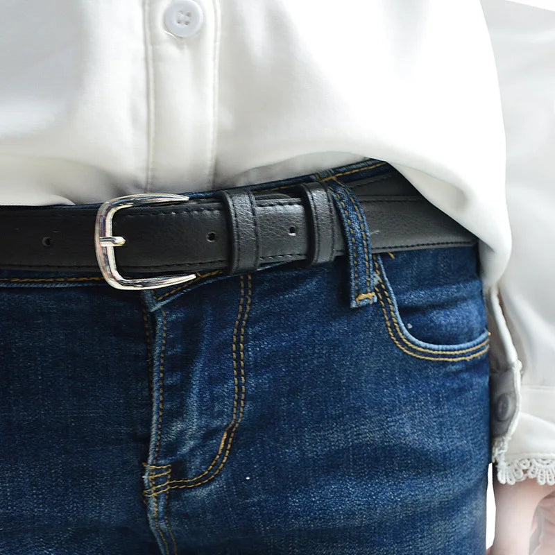 Women's Black PU Leather Thin Belt | Silver Pin Buckle Women's Leather Belt SWANS