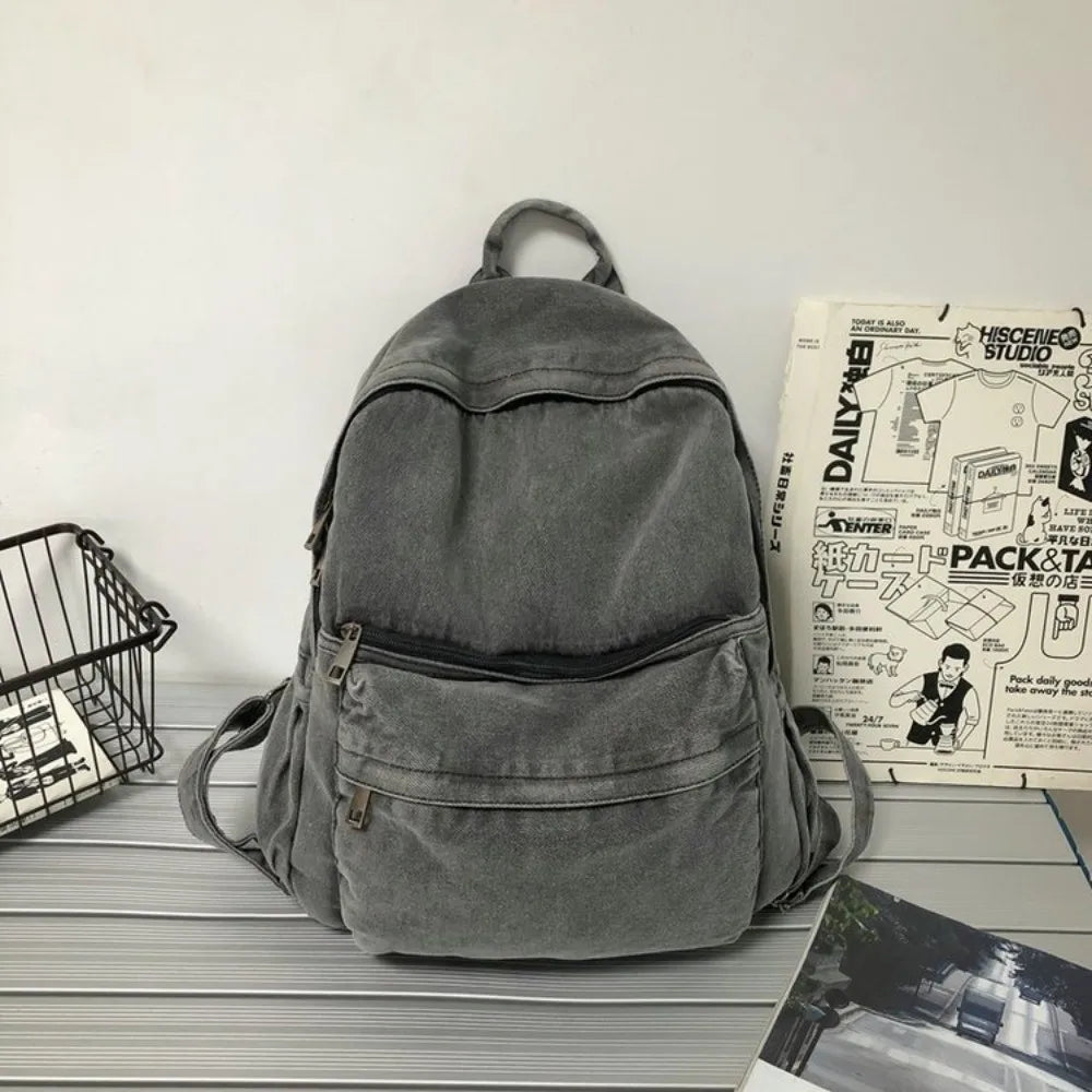 Vintage Washed Denim Backpack – Student Laptop & Travel Bag Denim Backpack SWANS