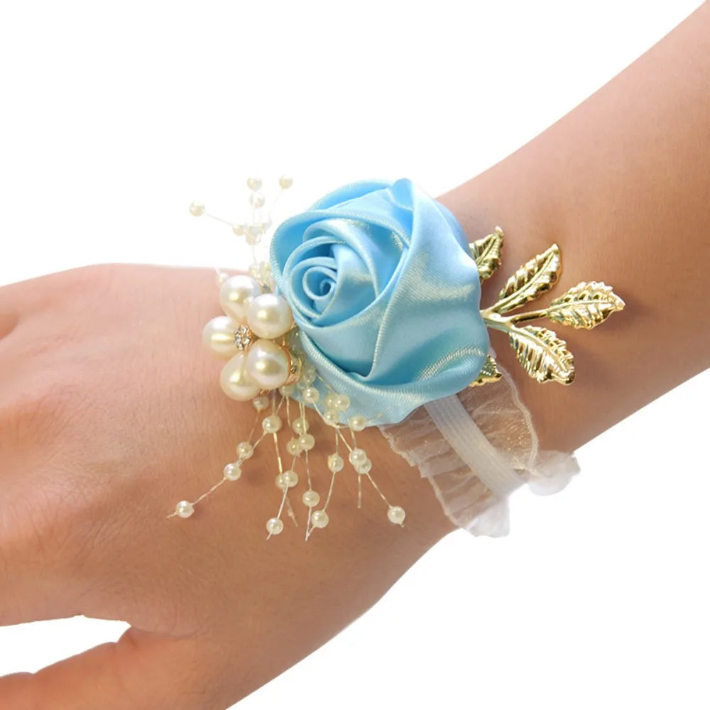 Rose Ribbon Wrist Corsage Bracelet – Wedding & Bridesmaid Wrist Corsage Bracelet SWANS aqua blue