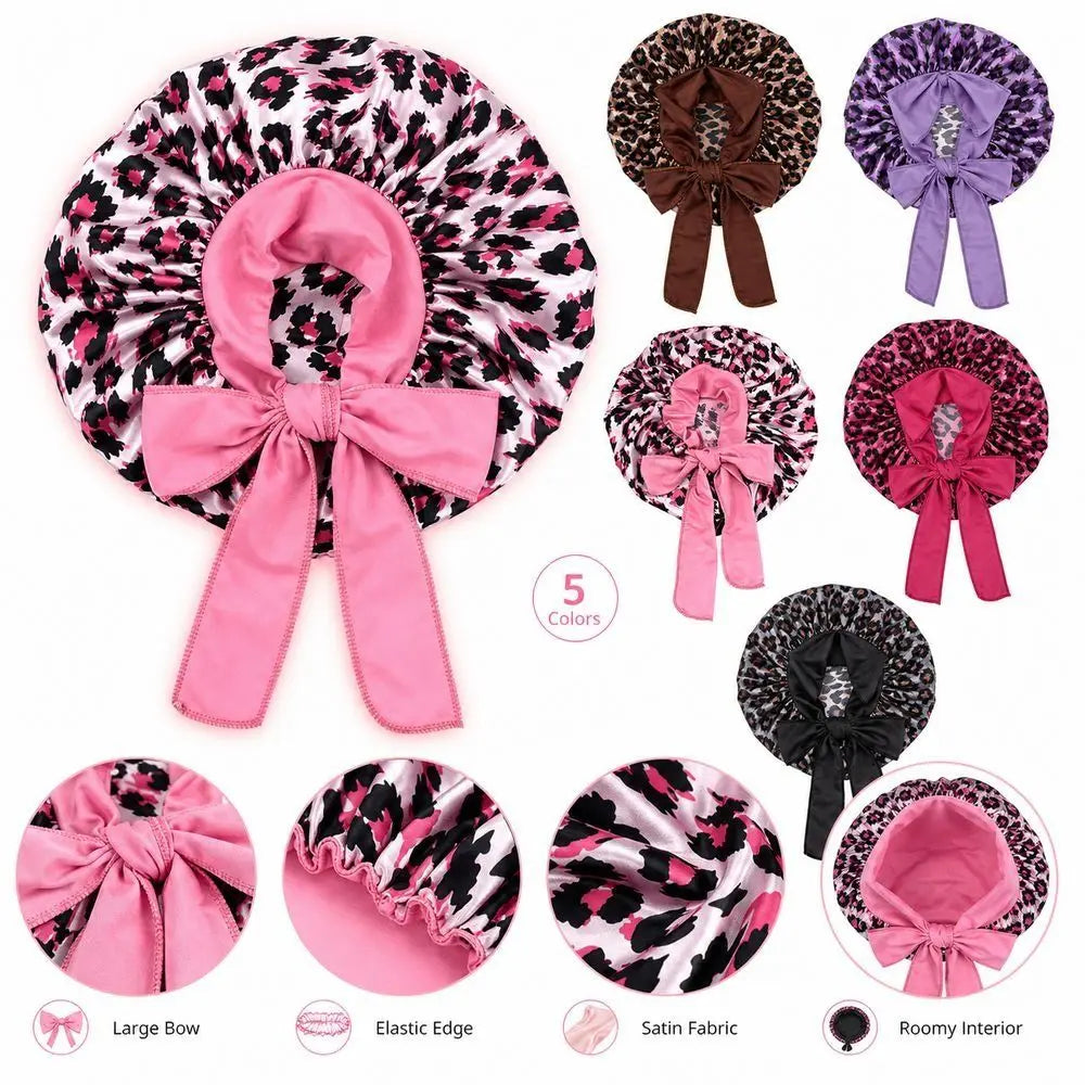 Satin Sleep Bonnet Leopard Print Bow Hair Cap – 5 Colors Satin Sleep Bonnet SWANS