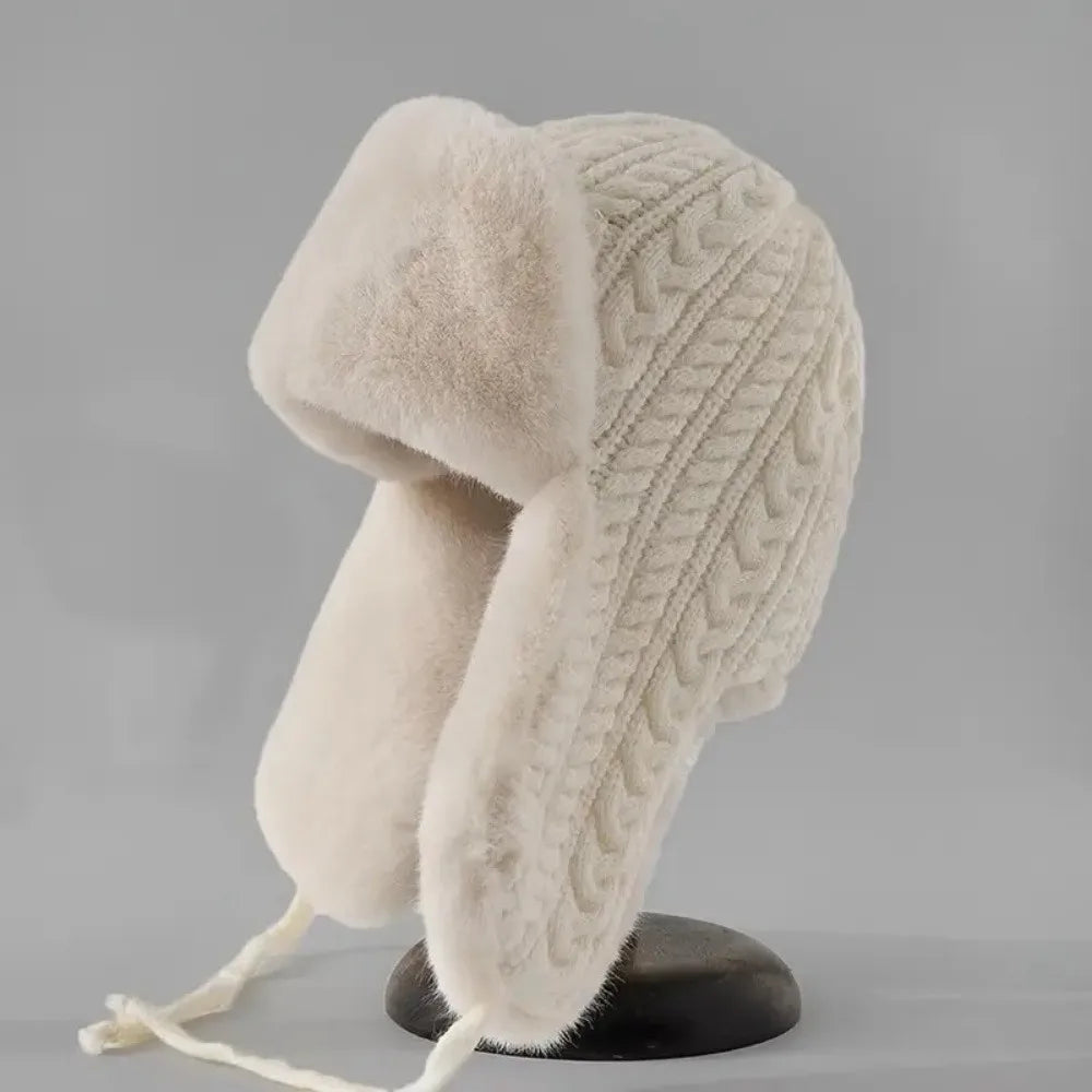 Women's Winter Ear Flap Hat – Thickened Knitted Bomber Cap Winter Ear Flap Hat SWANS Beige