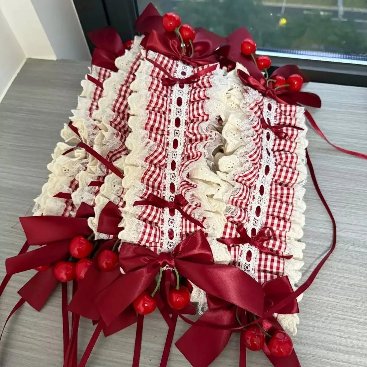 Lolita Cherry Headband Red Plaid Lace Ruffle Bow Hairband Lolita Hair Accessory SWANS