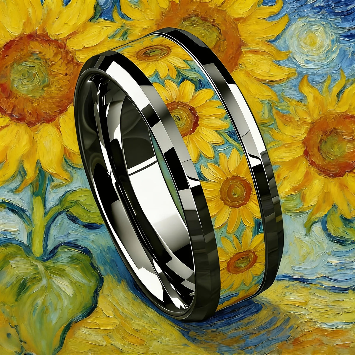 Oil Painting Black Stainless Steel Ring – Unisex Band Fashion Ring SWANS