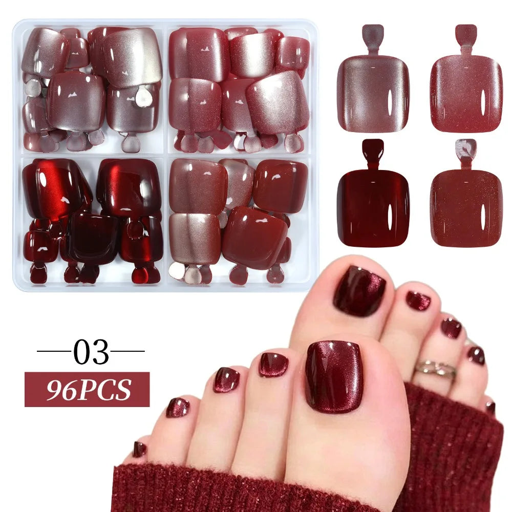 Short Square Press-On Toenails – French & Cat Eye Tips 24/30pc Press-On Toenails SWANS Style 03
