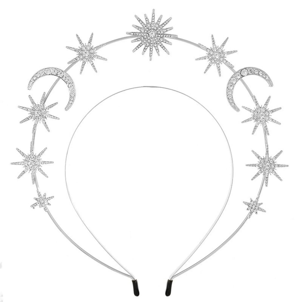 Rhinestone Celestial Headband – Sun Moon Star Halo Tiara Rhinestone Hair Headband SWANS silver