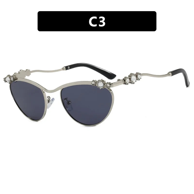 Y2K Cat Eye Rhinestone Sunglasses Women UV400 | Crystal Cat Eye Sunglasses SWANS Silver Black