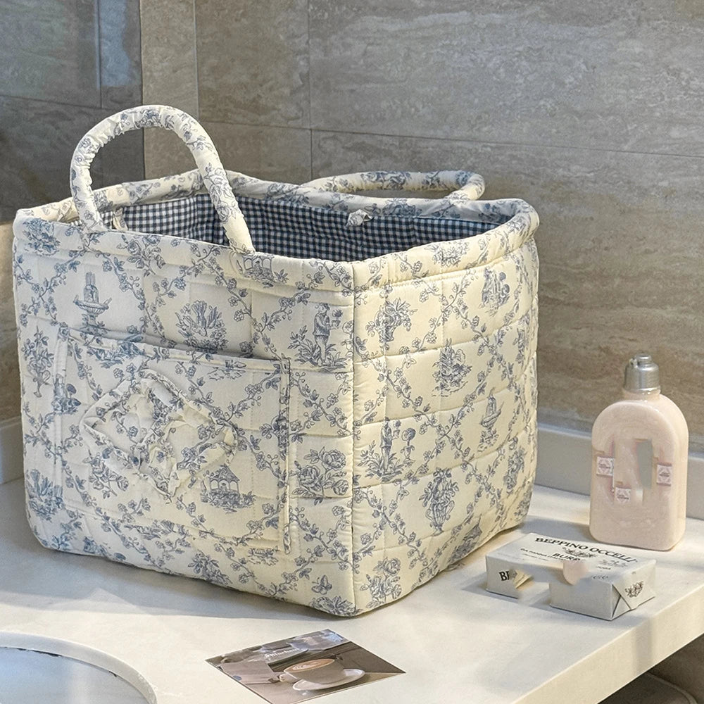 Vintage Floral Quilted Foldable Storage Basket with Handle Fabric Storage Basket SWANS 6