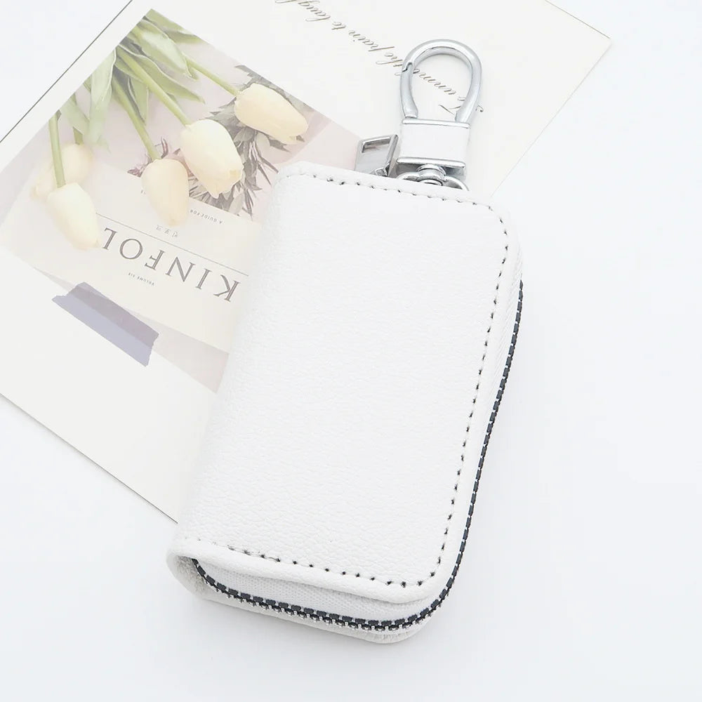Unisex PU Leather Key Wallet Organizer – Zipper Key Case Key Wallet Organizer SWANS White