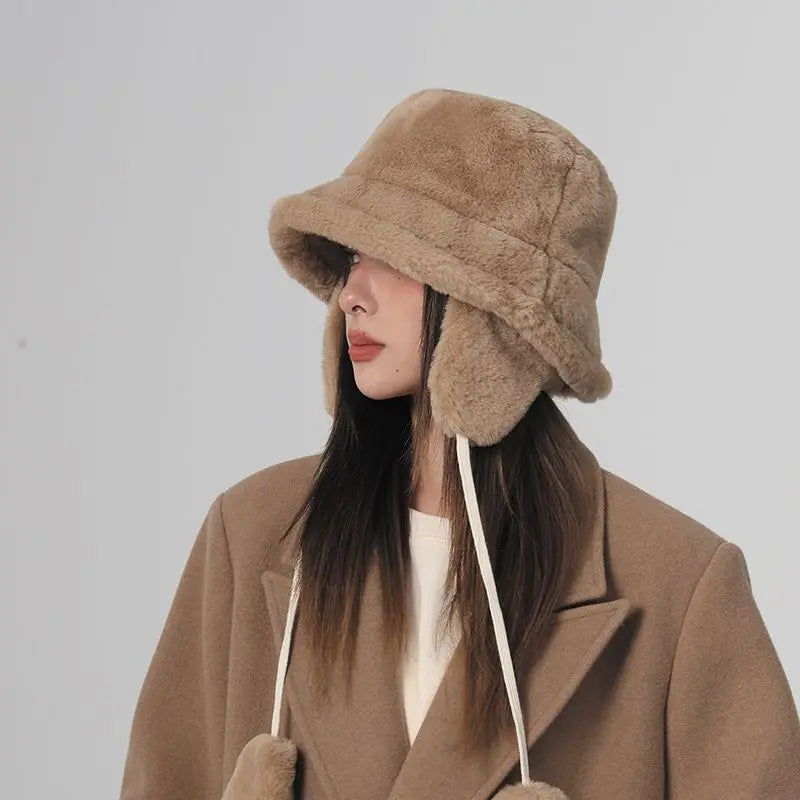Women's Fluffy Faux Fur Bucket Hat – Warm Winter Fisherman Cap Winter Bucket Hat SWANS